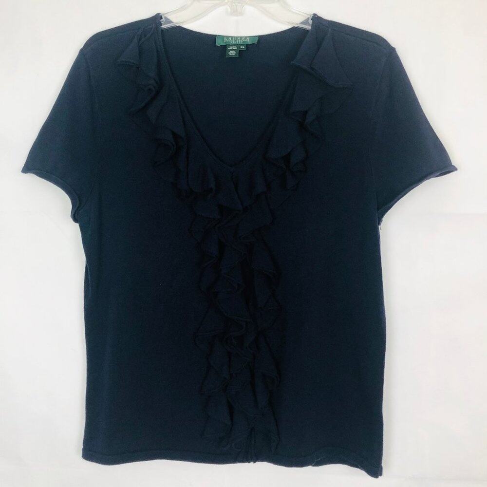 Lauren Ralph Lauren Ruffle Short Sleeve Blue Blouse/Sweater Size LP
